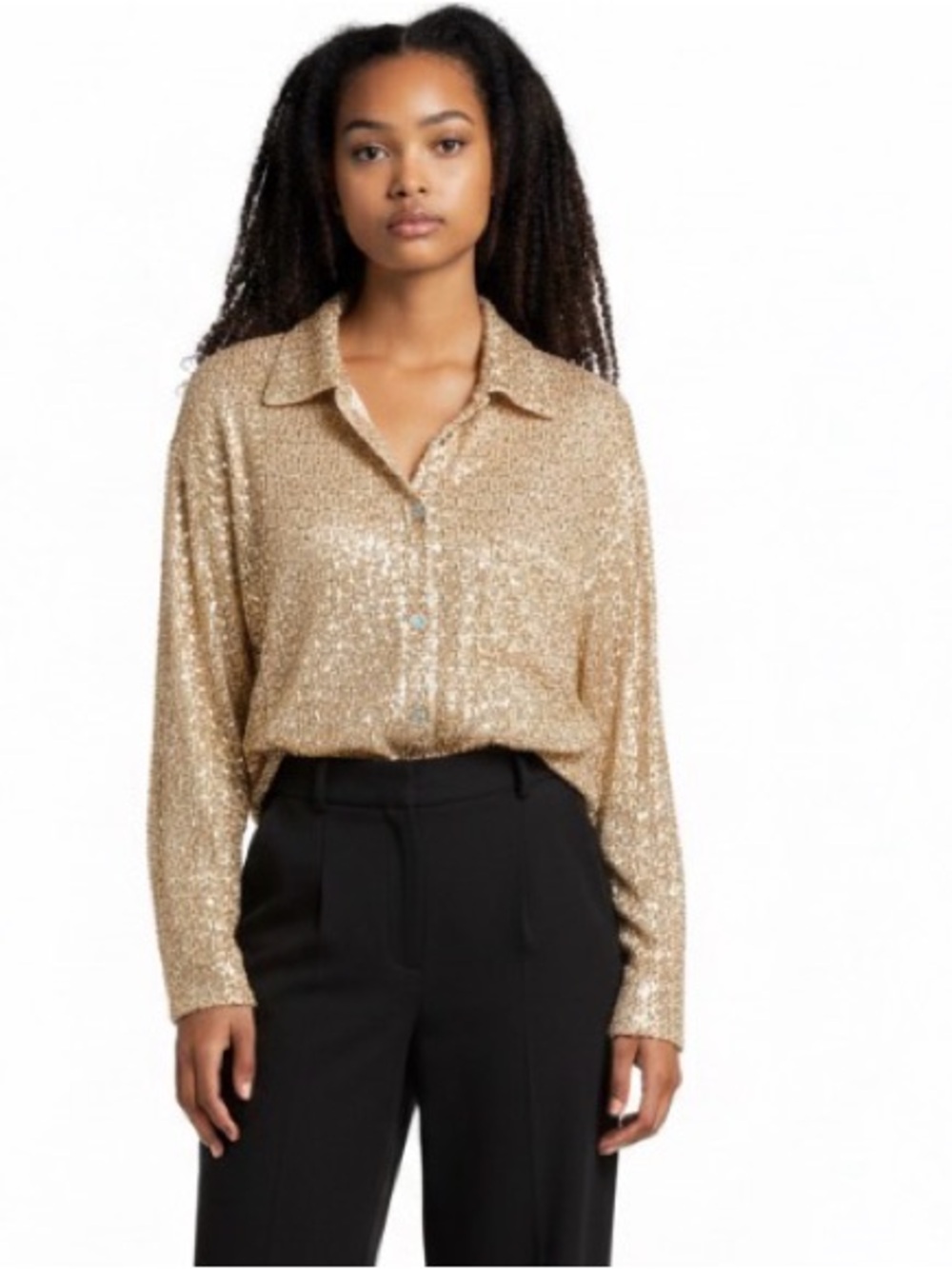 POL Women’s Gold Sequin Oversized Button Down Blouse Top Size S Shimmer Holiday